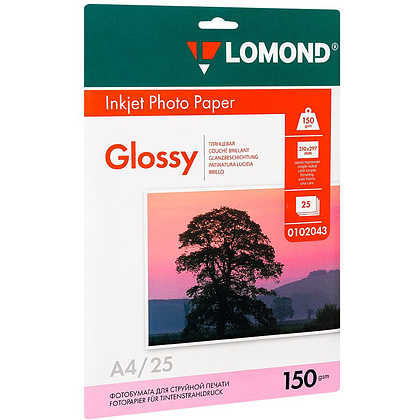 Фотобумага глянцевая для струйной фотопечати "Lomond", А4, 25 листов, 150 г/м2