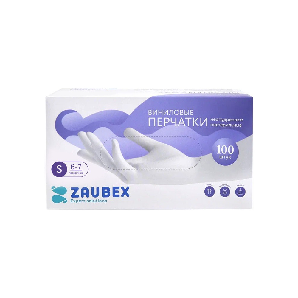 Перчатки виниловые Zaubex, одноразовые, р-р S, 100 шт/уп, прозрачный