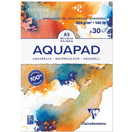 Блок-склейка бумаги для акварели "Goldline Aqua", А3, 300 г/м2 , 30 листов