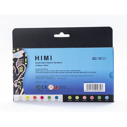 Краски акриловые "Himi", 6 цветов, светящиеся в темноте, флаконы - 12