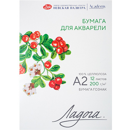 Блок бумаги для акварели "Ладога", 100% целлюлоза, А2, 200 г/м2, 12 листов, среднее зерно