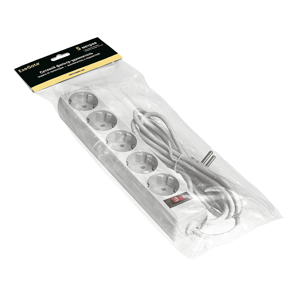 Сетевой фильтр ExeGate SP-5-5W, EX221190RUS, 5 розеток, 5 м, белый - 2