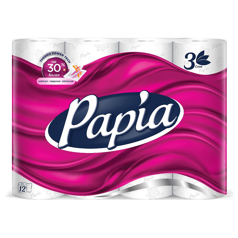 Бумага туалетная Papia 16,5 м, 3 слоя, 12 рулонов, 100% целлюлоза