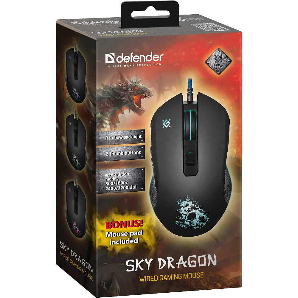 Набор мышь и коврик "Defender Sky Dragon GM-090L", оптич.,проводная, черная, 800-3200dpi - 2