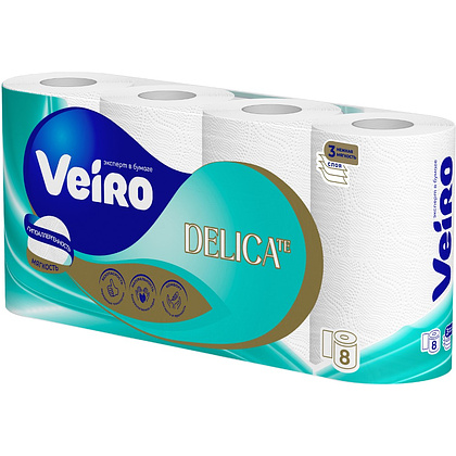 Бумага туалетная Veiro Delicate, 8 рулонов, 3 слоя, белый  - 2