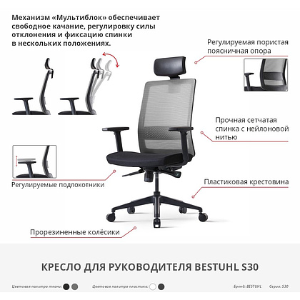 Кресло для руководителя BESTUHL "S30", сетка, ткань, пластик, черный - 10