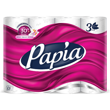 Бумага туалетная Papia 16,5 м, 3 слоя, 12 рулонов, 100% целлюлоза