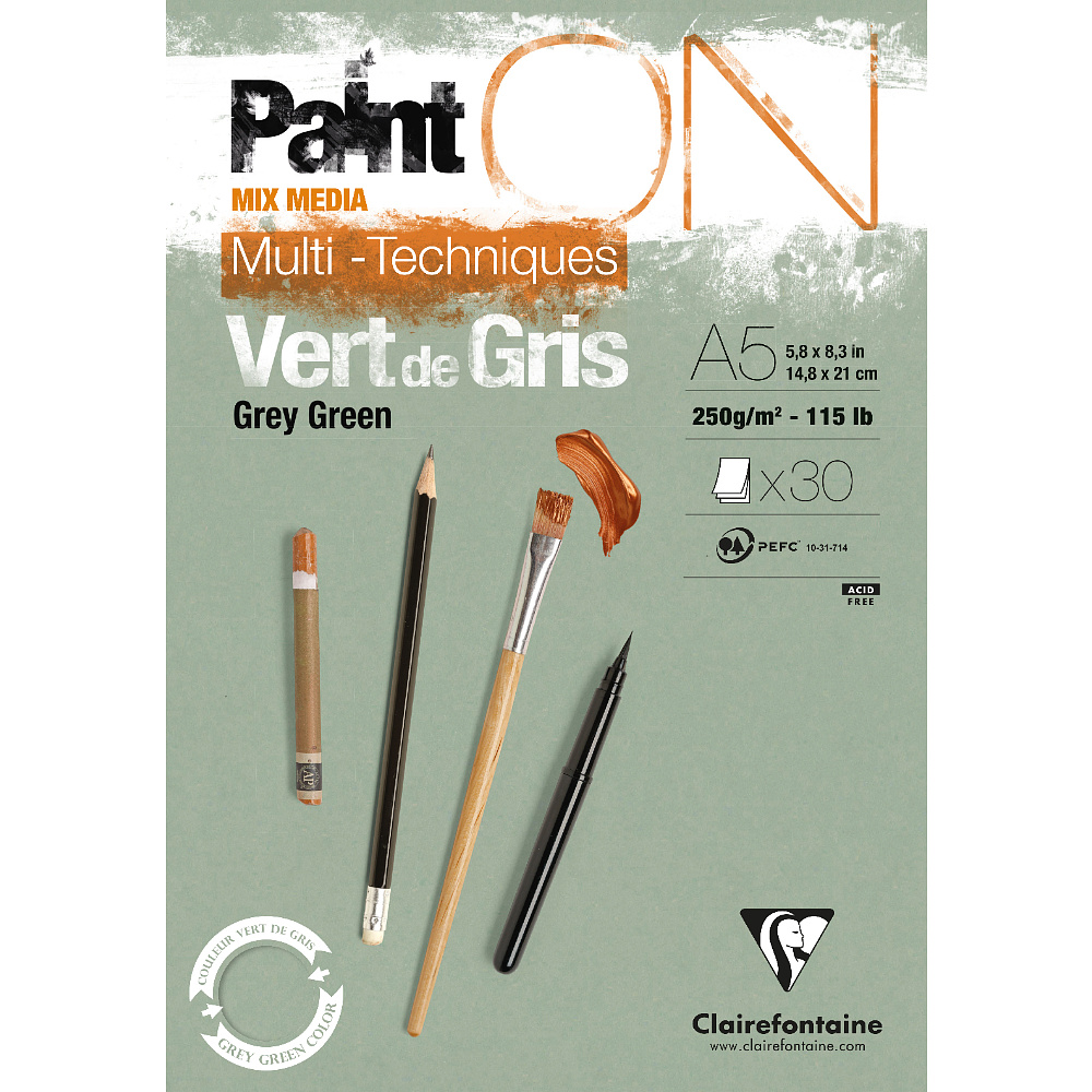 Блок-склейка Clairefontaine "Paint'On", А5,  250 г/м2, 30 листов, серо-зеленый